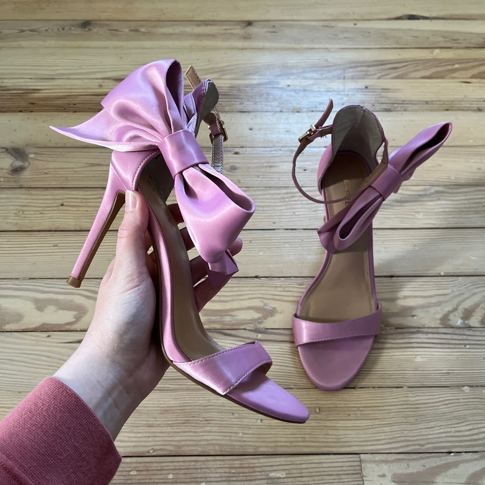 Express Stiletto Sandals Womens 8 Pink Satin Oversized Bow Ankle Strap Heels